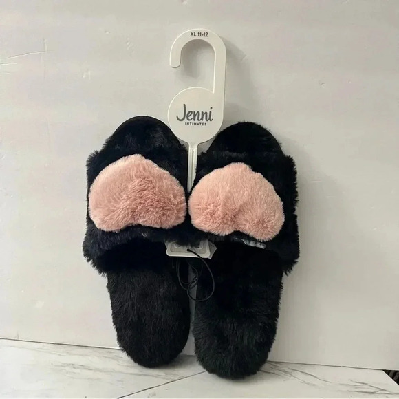 Jenni Slippers Fluffy Slides Plush Faux Fur Size XL 11-12 Black/Pink Heart - Picture 1 of 6